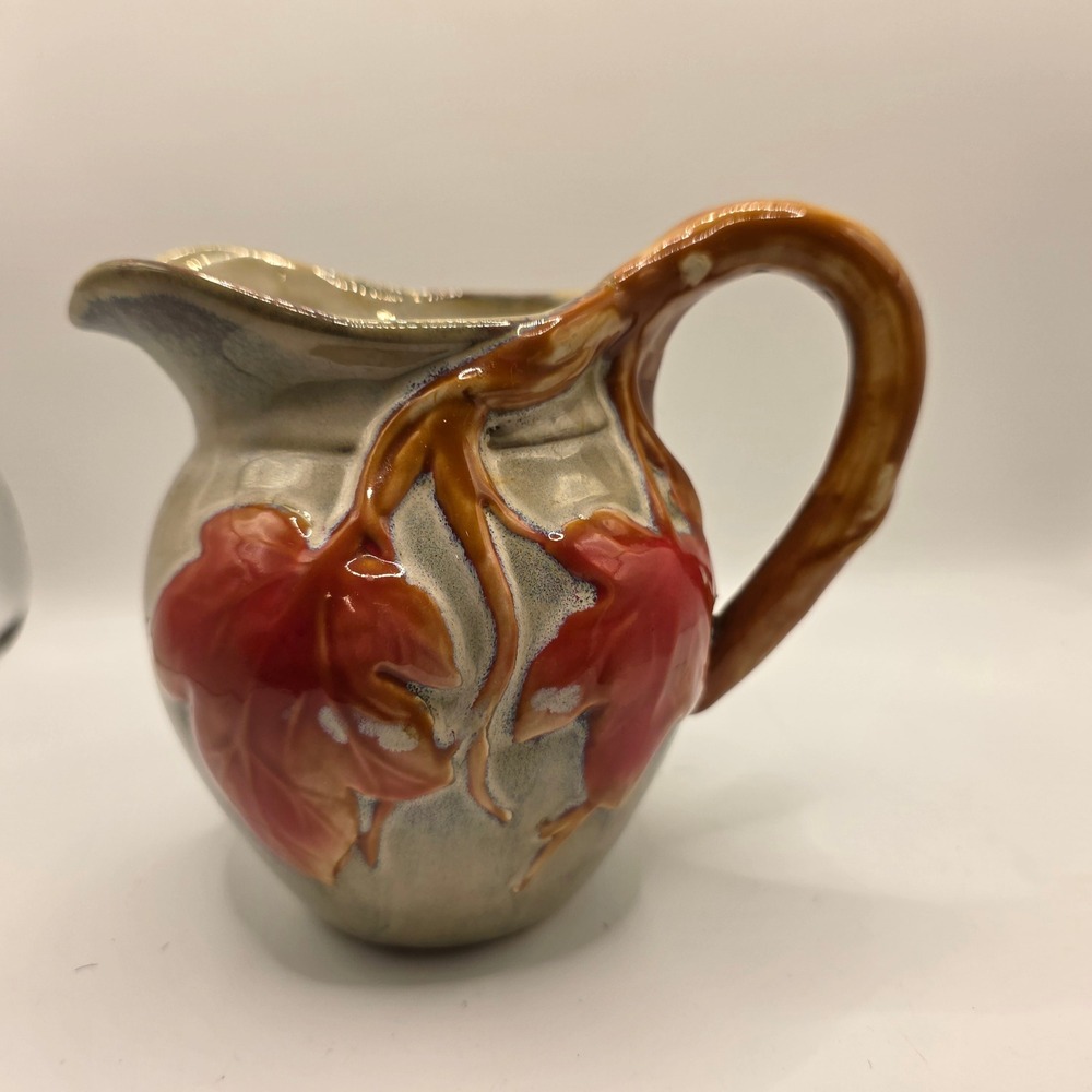 Vintage Studio Pottery Glazed Stoneware Maple Leaf Pitcher Branch Handle 5.5"